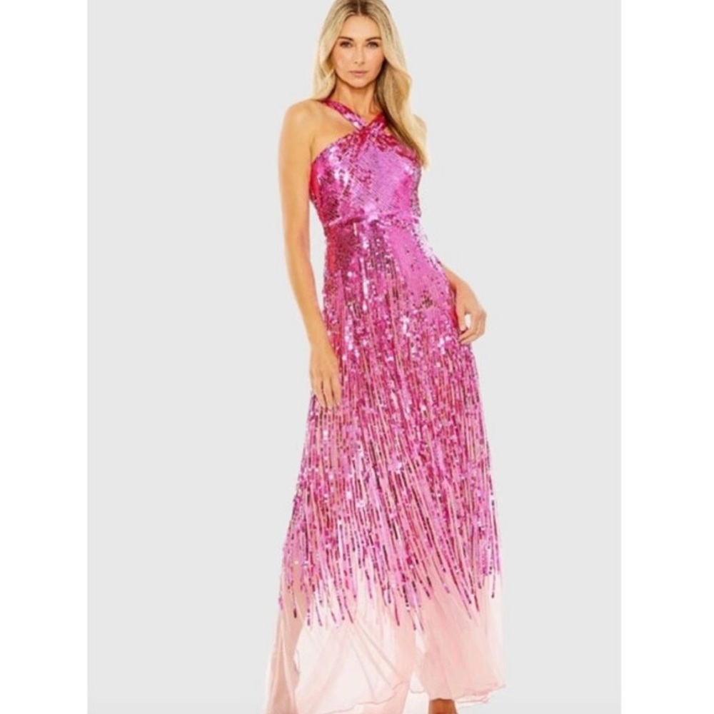 MAC DUGGAL Dress Size 4 Evening Gown Sequin Pink Cross Front Mesh NEW